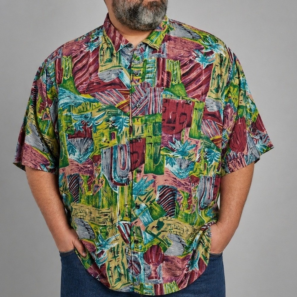 Vintage Expressions Intl Big Man‎ 2X Rayon Shirt 90s Abstract Tropical Korea